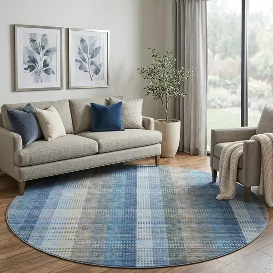 8' Denim Blue Gray And Beige Plaid Washable Round Rug With UV Protection Photo 1