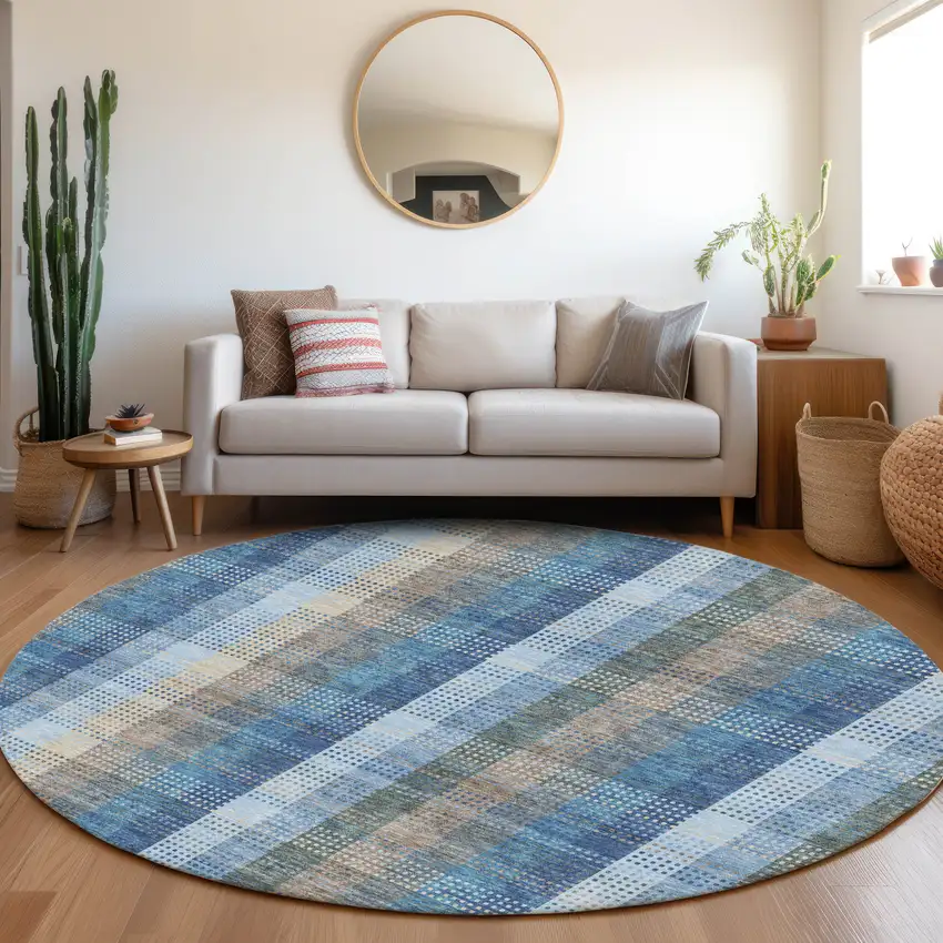 8' Denim Blue Gray And Beige Plaid Washable Round Rug With UV Protection Photo 4