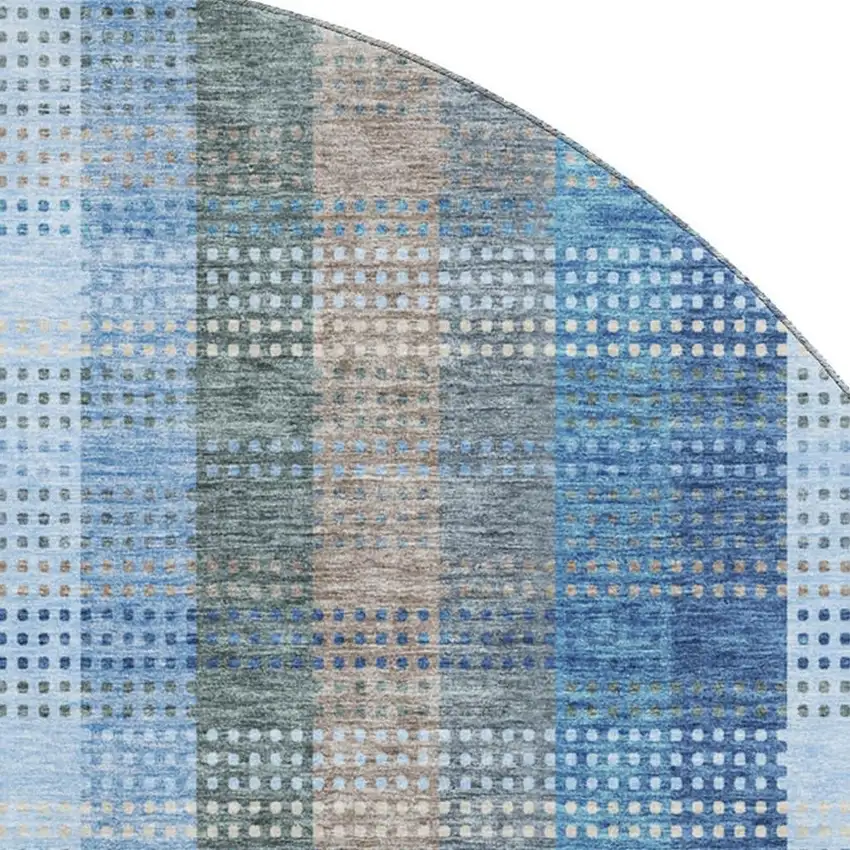 8' Denim Blue Gray And Beige Plaid Washable Round Rug With UV Protection Photo 2