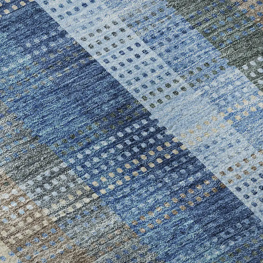 8' Denim Blue Gray And Beige Plaid Washable Round Rug With UV Protection Photo 8