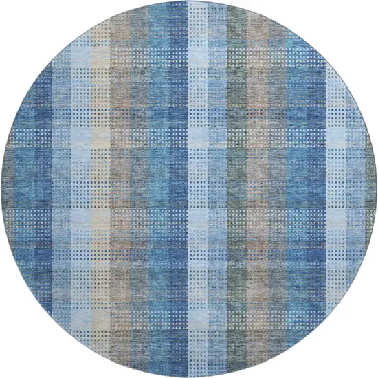 8' Denim Blue Gray And Beige Plaid Washable Round Rug With UV Protection Photo 1