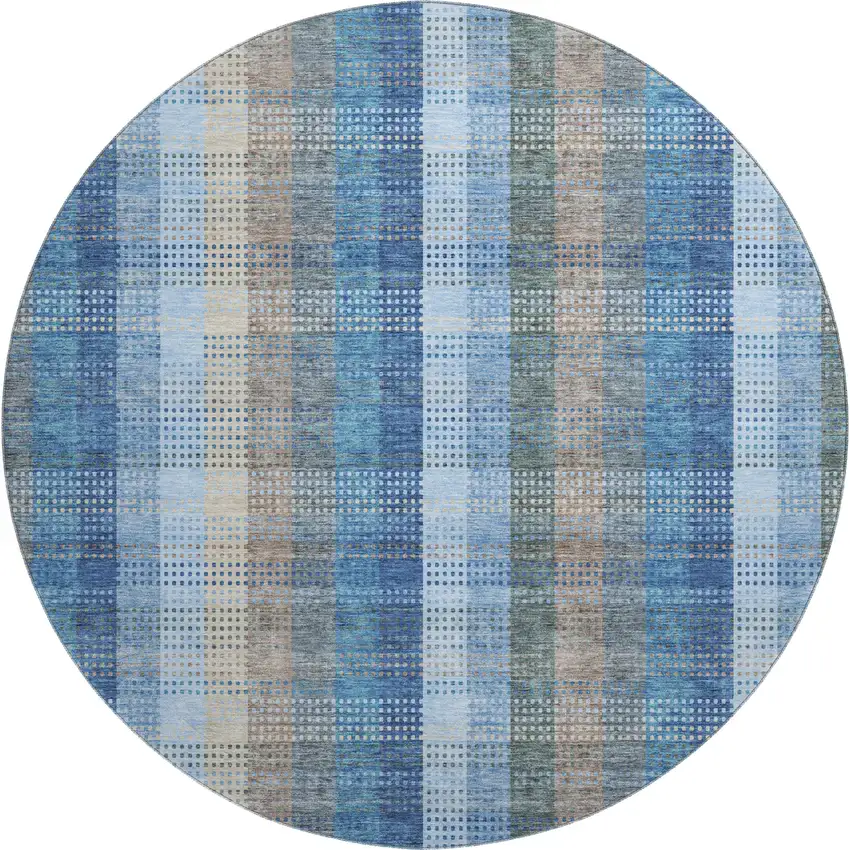 8' Denim Blue Gray And Beige Plaid Washable Round Rug With UV Protection Photo 1