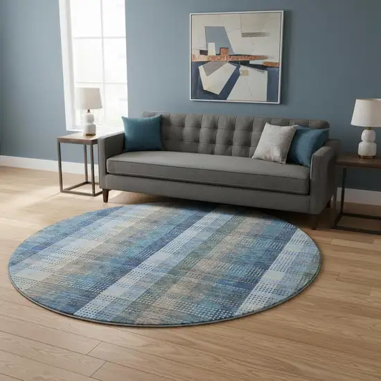 8' Denim Blue Gray And Beige Plaid Washable Round Rug With UV Protection Photo 2