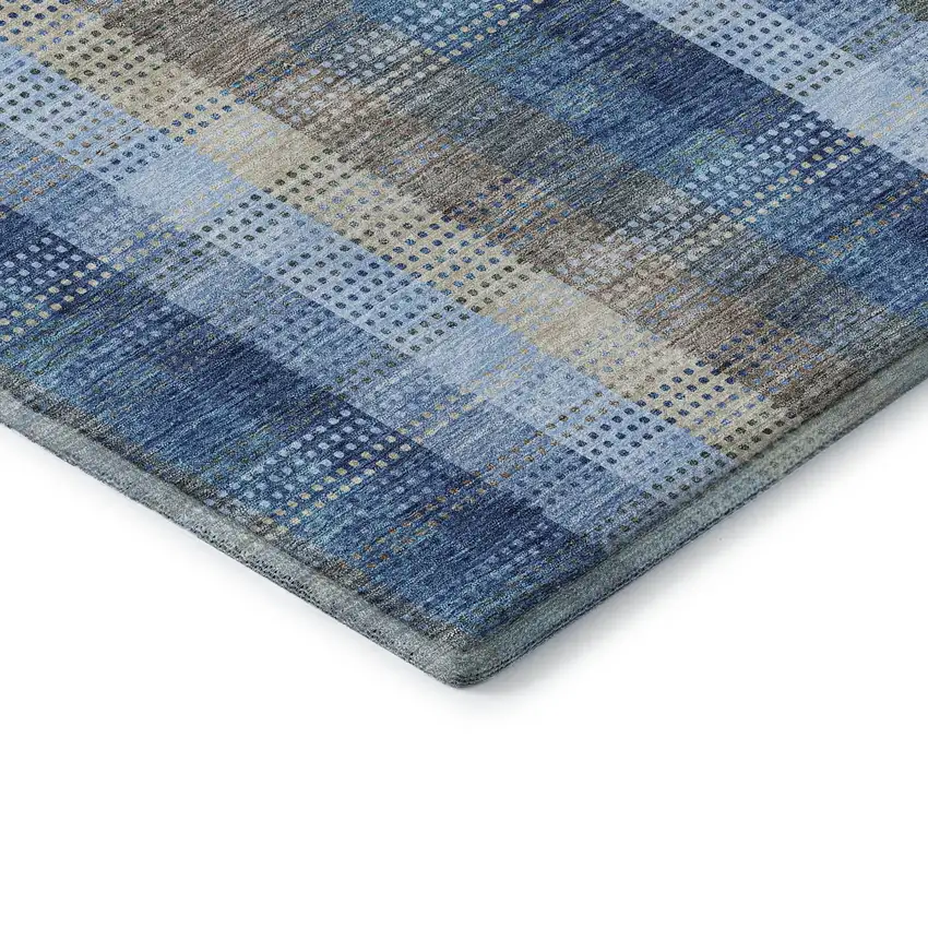 8' Denim Blue Gray And Beige Plaid Washable Round Rug With UV Protection Photo 6