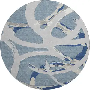 Photo of 8' Denim Blue Gray And Ivory Abstract Washable Round Rug With UV Protection