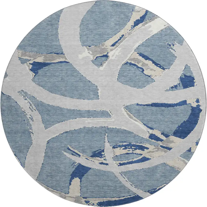 8' Denim Blue Gray And Ivory Abstract Washable Round Rug With UV Protection Photo 1