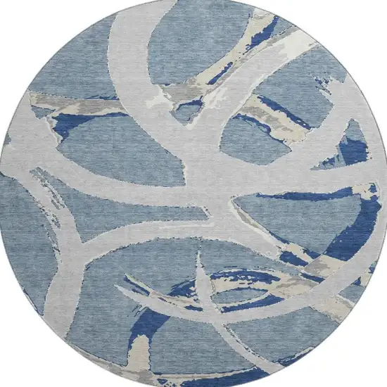 8' Denim Blue Gray And Ivory Abstract Washable Round Rug With UV Protection Photo 2