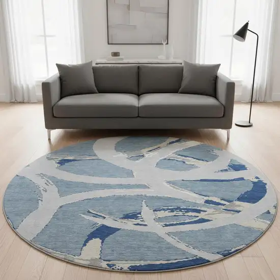 8' Denim Blue Gray And Ivory Abstract Washable Round Rug With UV Protection Photo 2