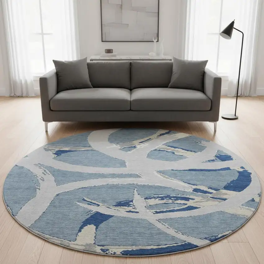 8' Denim Blue Gray And Ivory Abstract Washable Round Rug With UV Protection Photo 2