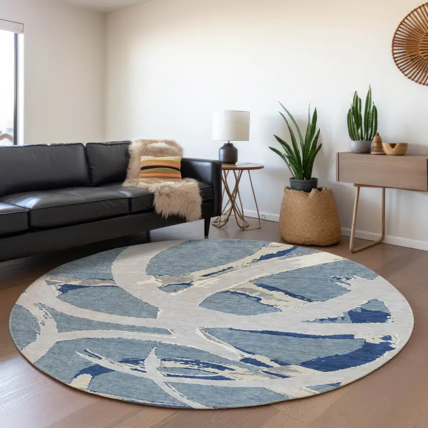 8' Denim Blue Gray And Ivory Abstract Washable Round Rug With UV Protection Photo 4