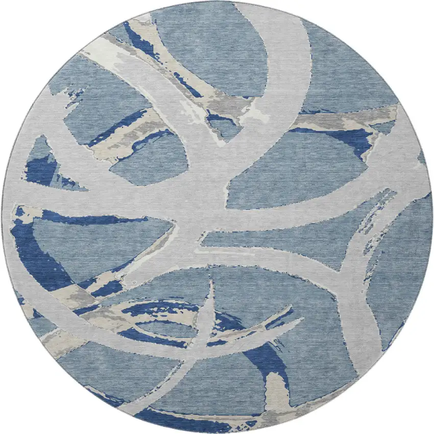 8' Denim Blue Gray And Ivory Abstract Washable Round Rug With UV Protection Photo 4