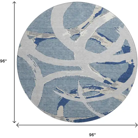 8' Denim Blue Gray And Ivory Abstract Washable Round Rug With UV Protection Photo 9