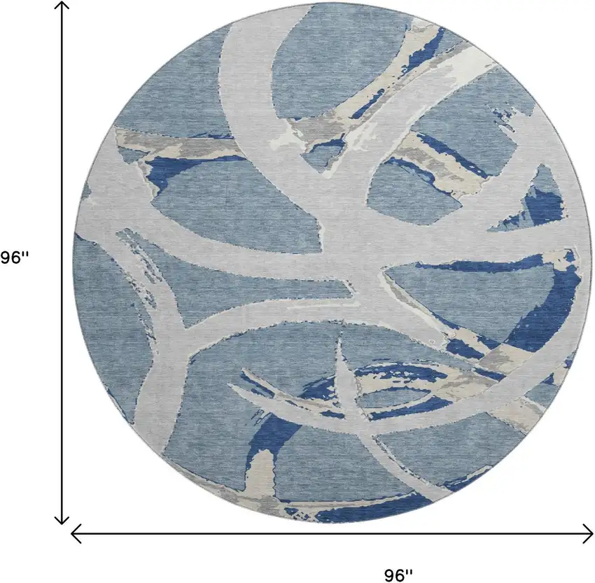 8' Denim Blue Gray And Ivory Abstract Washable Round Rug With UV Protection Photo 9