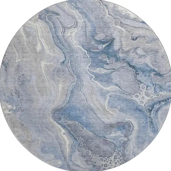 8' Denim Blue Gray And Ivory Abstract Washable Round Rug With UV Protection Photo 3