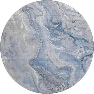 Photo of 8' Denim Blue Gray And Ivory Abstract Washable Round Rug With UV Protection