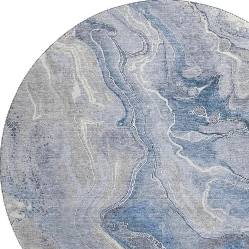 8' Denim Blue Gray And Ivory Abstract Washable Round Rug With UV Protection Photo 2
