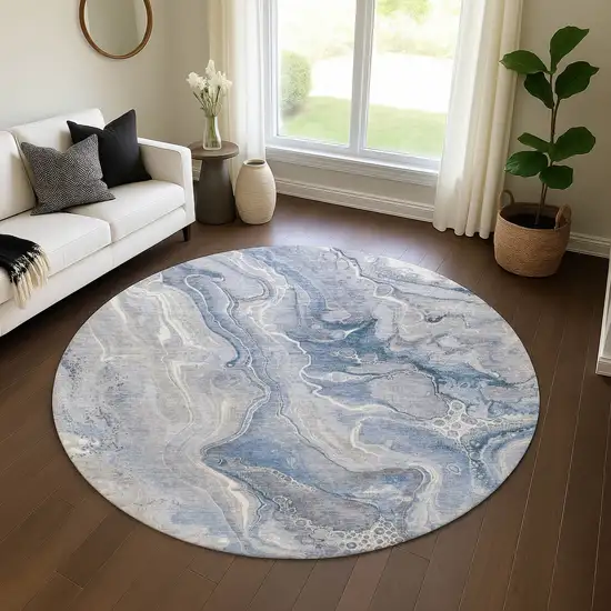 8' Denim Blue Gray And Ivory Abstract Washable Round Rug With UV Protection Photo 4