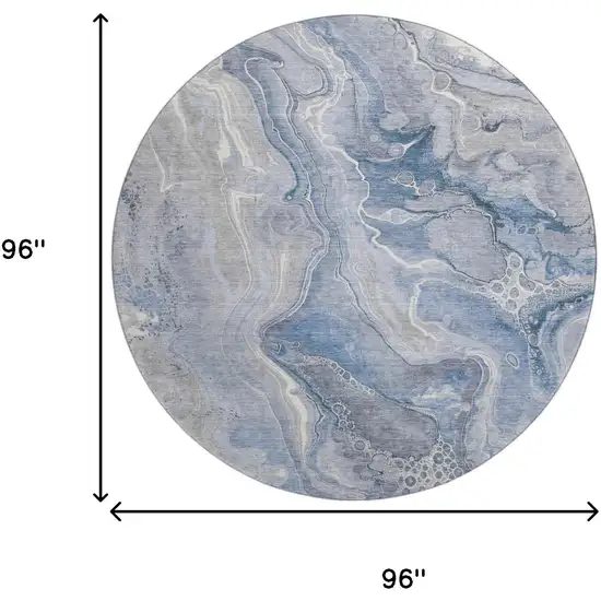 8' Denim Blue Gray And Ivory Abstract Washable Round Rug With UV Protection Photo 9