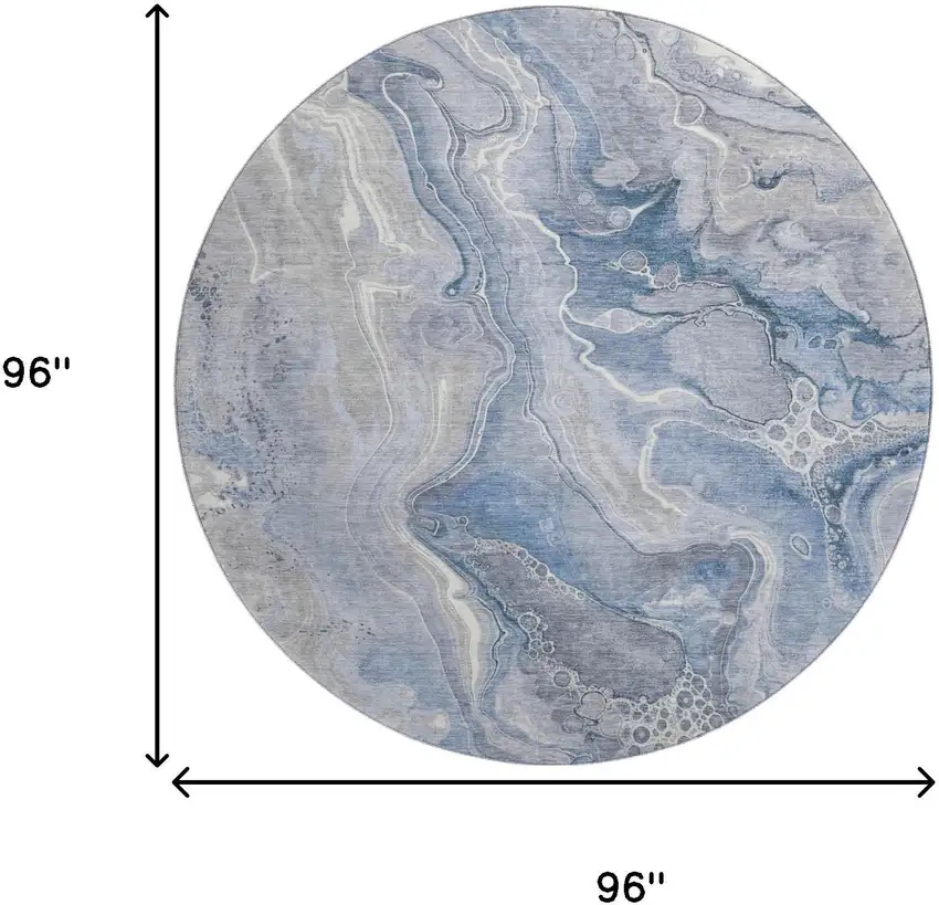 8' Denim Blue Gray And Ivory Abstract Washable Round Rug With UV Protection Photo 9