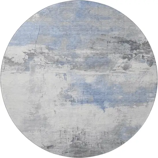 8' Denim Blue Gray And Ivory Abstract Washable Round Rug With UV Protection Photo 3