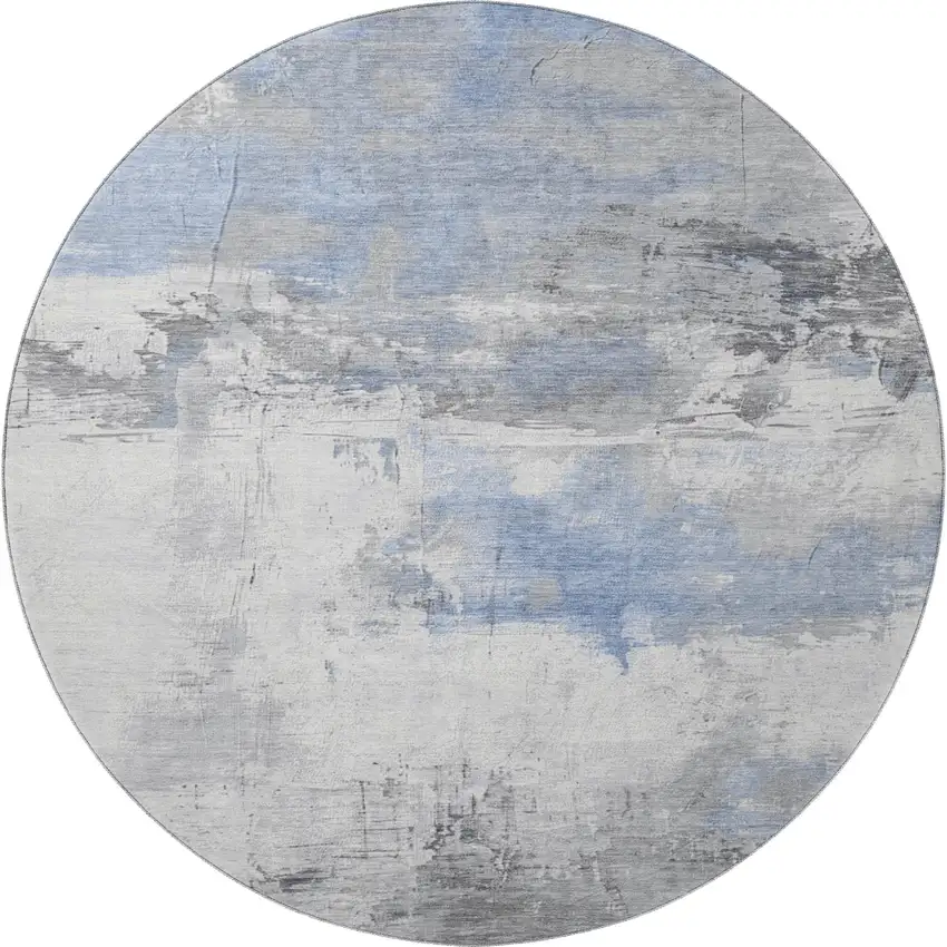 8' Denim Blue Gray And Ivory Abstract Washable Round Rug With UV Protection Photo 3