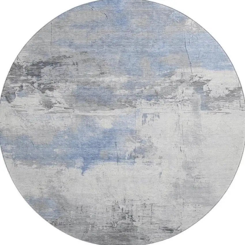 8' Denim Blue Gray And Ivory Abstract Washable Round Rug With UV Protection Photo 2