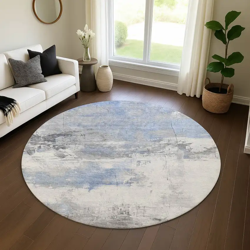 8' Denim Blue Gray And Ivory Abstract Washable Round Rug With UV Protection Photo 4