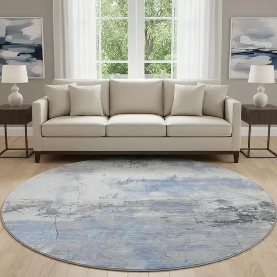 8' Denim Blue Gray And Ivory Abstract Washable Round Rug With UV Protection Photo 2