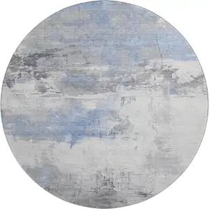 Photo of 8' Denim Blue Gray And Ivory Abstract Washable Round Rug With UV Protection