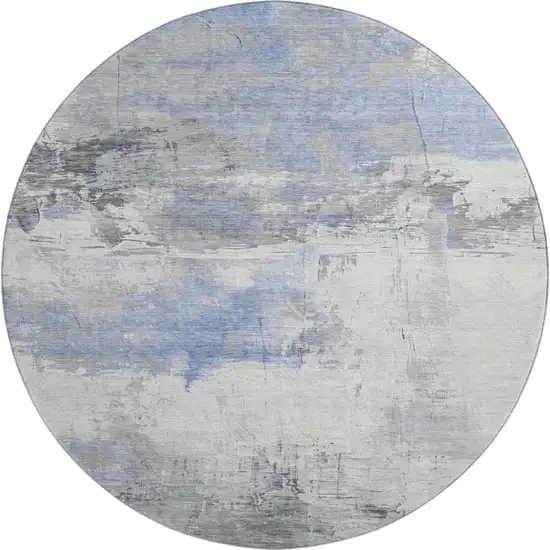 8' Denim Blue Gray And Ivory Abstract Washable Round Rug With UV Protection Photo 1