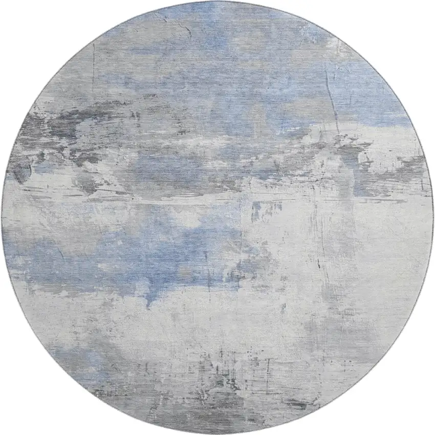 8' Denim Blue Gray And Ivory Abstract Washable Round Rug With UV Protection Photo 1