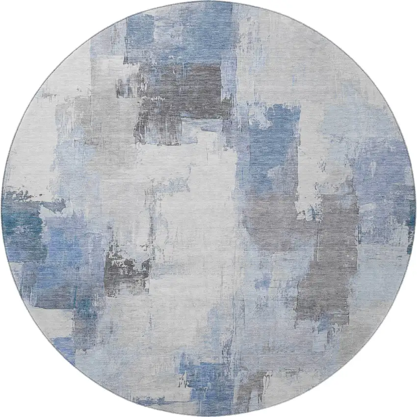 8' Denim Blue Gray And Ivory Abstract Washable Round Rug With UV Protection Photo 3