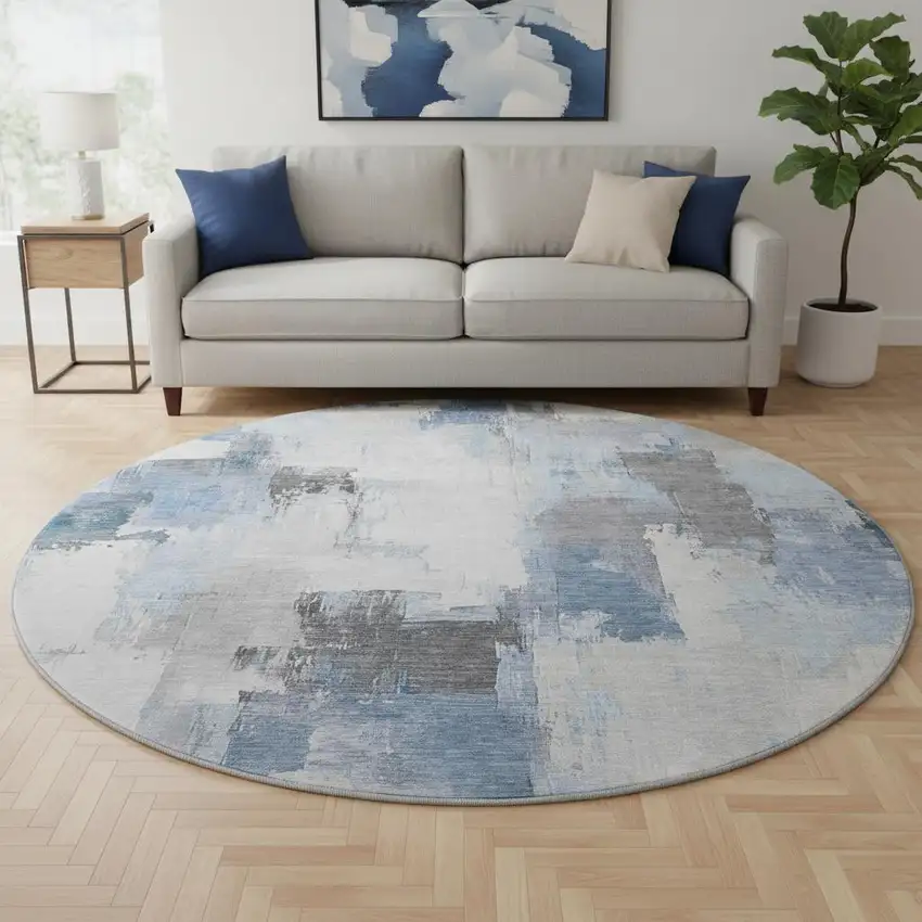 8' Denim Blue Gray And Ivory Abstract Washable Round Rug With UV Protection Photo 2