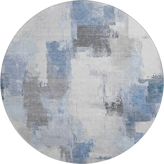 8' Denim Blue Gray And Ivory Abstract Washable Round Rug With UV Protection Photo 1