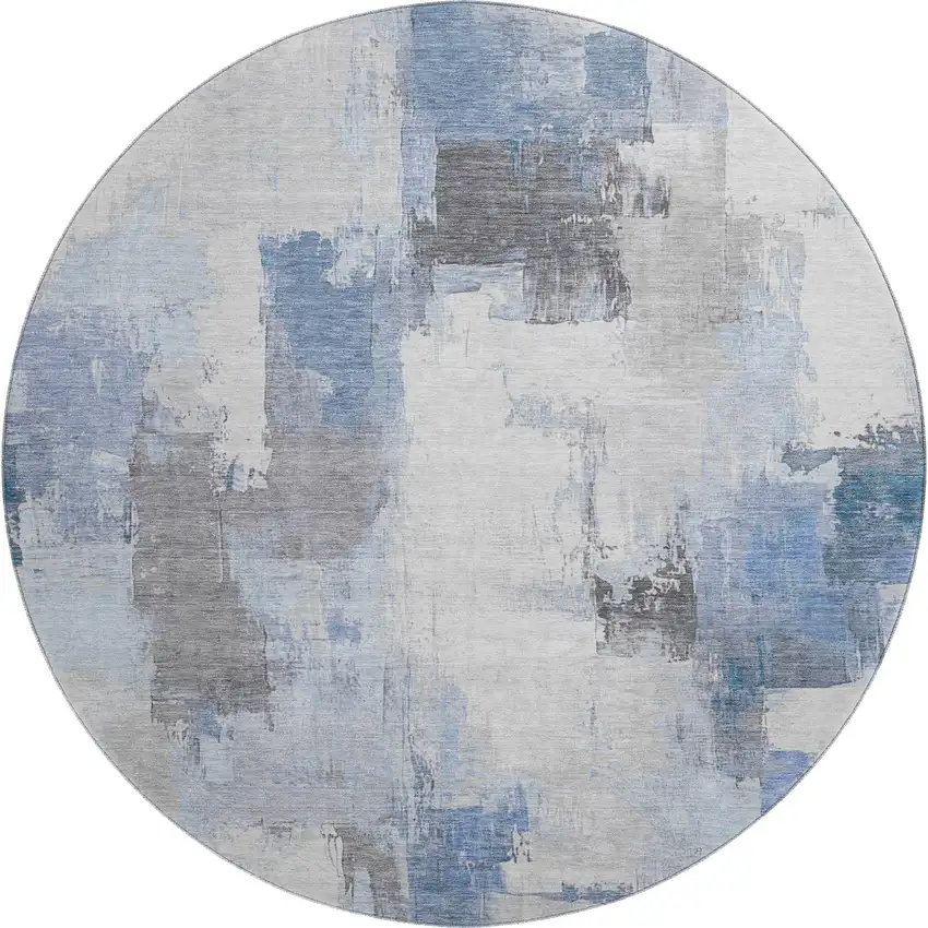 8' Denim Blue Gray And Ivory Abstract Washable Round Rug With UV Protection Photo 1