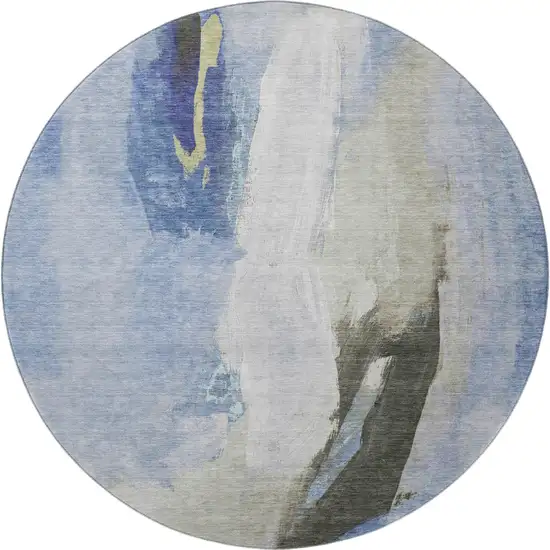 8' Denim Blue Gray And Ivory Abstract Washable Round Rug With UV Protection Photo 4