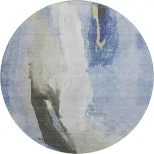 Photo of 8' Denim Blue Gray And Ivory Abstract Washable Round Rug With UV Protection
