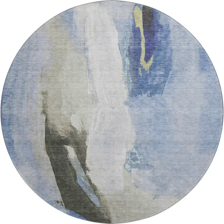 8' Denim Blue Gray And Ivory Abstract Washable Round Rug With UV Protection Photo 1