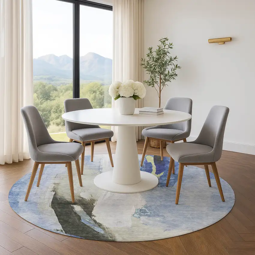 8' Denim Blue Gray And Ivory Abstract Washable Round Rug With UV Protection Photo 5