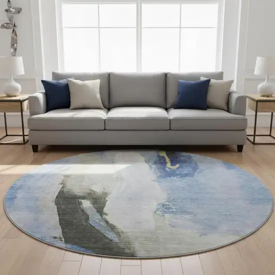 8' Denim Blue Gray And Ivory Abstract Washable Round Rug With UV Protection Photo 2