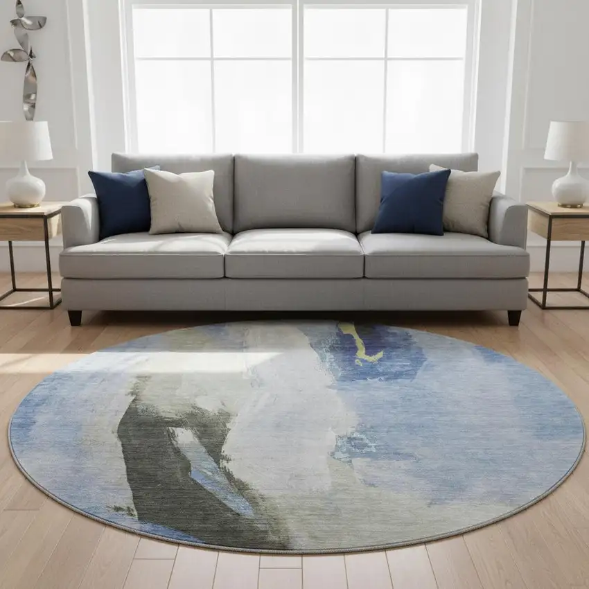 8' Denim Blue Gray And Ivory Abstract Washable Round Rug With UV Protection Photo 2