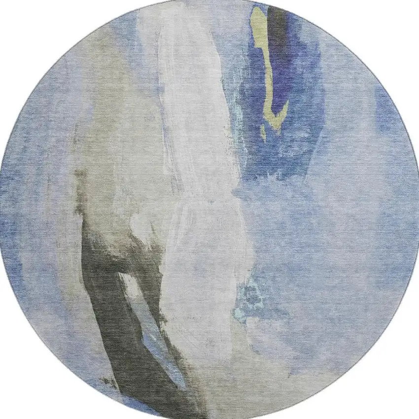 8' Denim Blue Gray And Ivory Abstract Washable Round Rug With UV Protection Photo 3