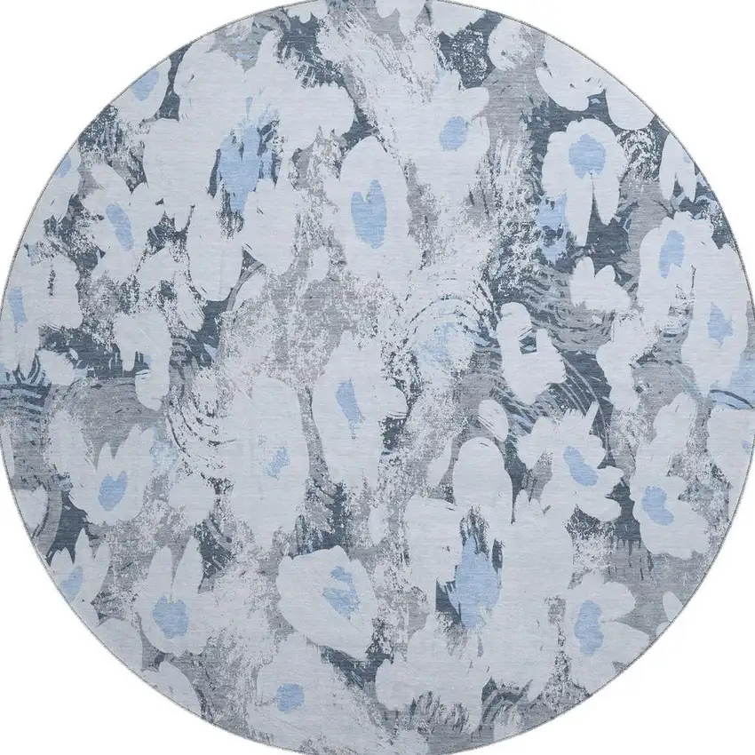 8' Denim Blue Gray And Ivory Floral Washable Round Rug With UV Protection Photo 7