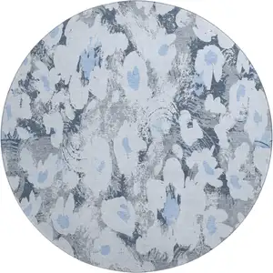 Photo of 8' Denim Blue Gray And Ivory Floral Washable Round Rug With UV Protection