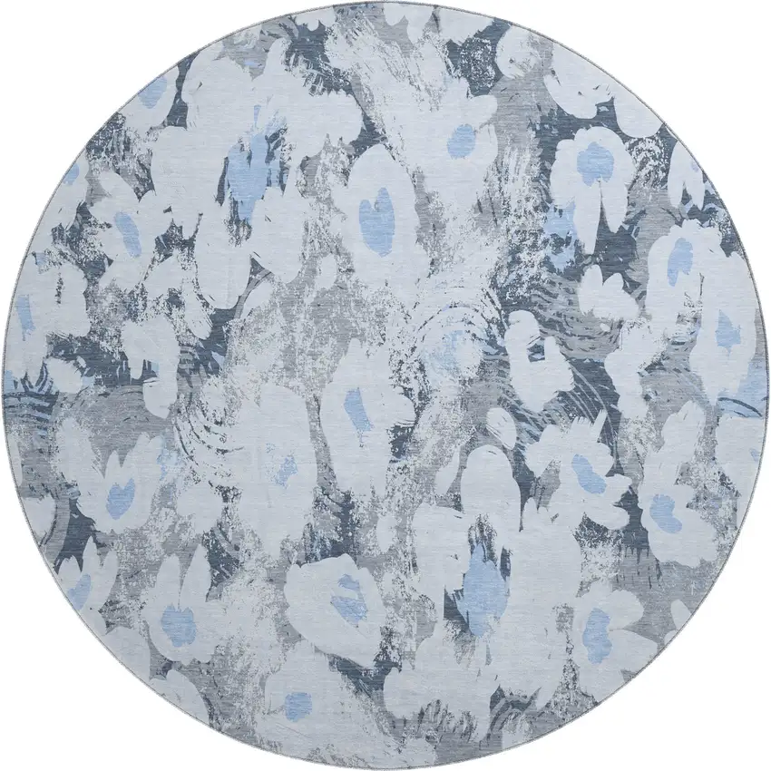 8' Denim Blue Gray And Ivory Floral Washable Round Rug With UV Protection Photo 1