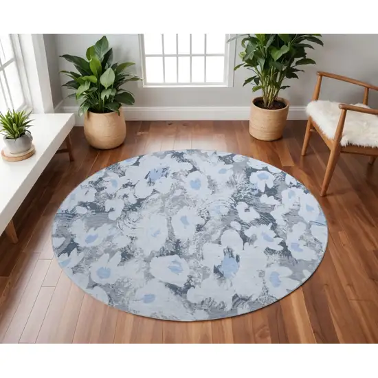 8' Denim Blue Gray And Ivory Floral Washable Round Rug With UV Protection Photo 2