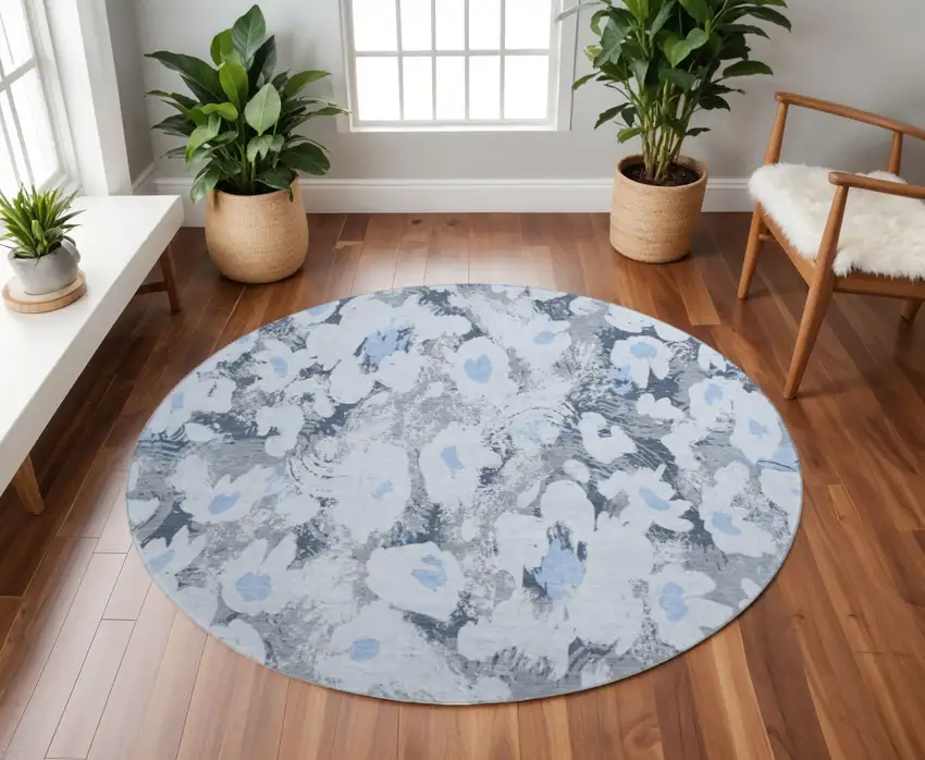8' Denim Blue Gray And Ivory Floral Washable Round Rug With UV Protection Photo 2