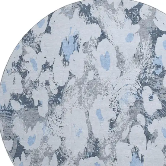 8' Denim Blue Gray And Ivory Floral Washable Round Rug With UV Protection Photo 6