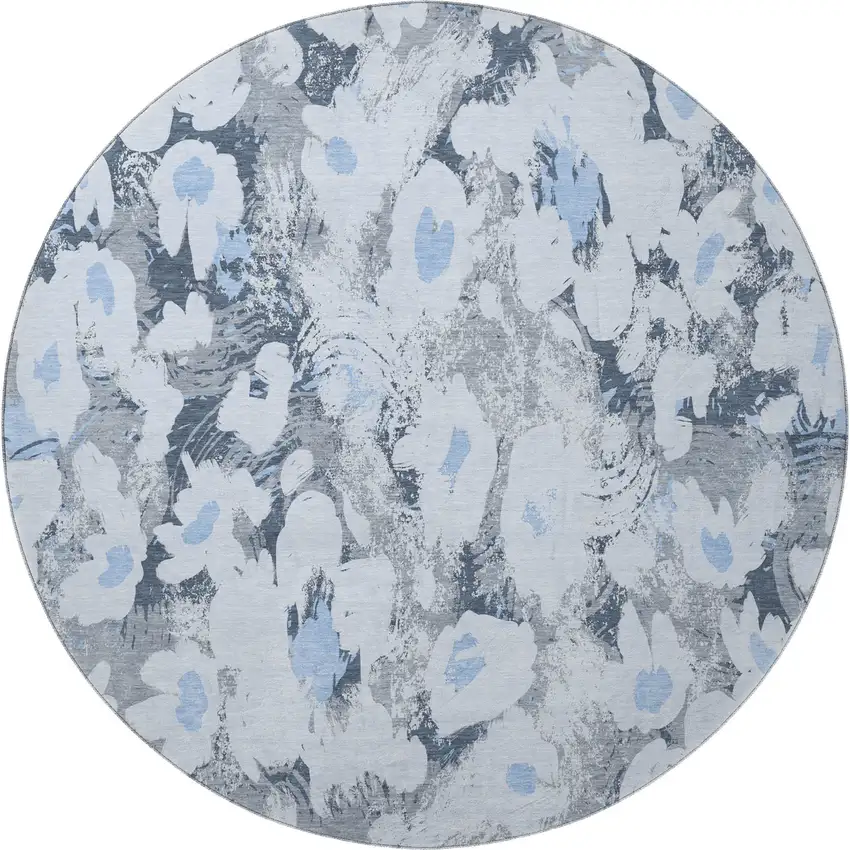 8' Denim Blue Gray And Ivory Floral Washable Round Rug With UV Protection Photo 4
