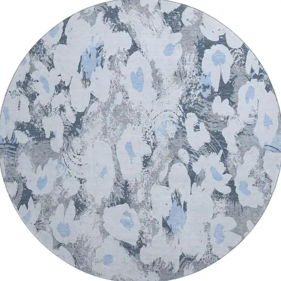 8' Denim Blue Gray And Ivory Floral Washable Round Rug With UV Protection Photo 3